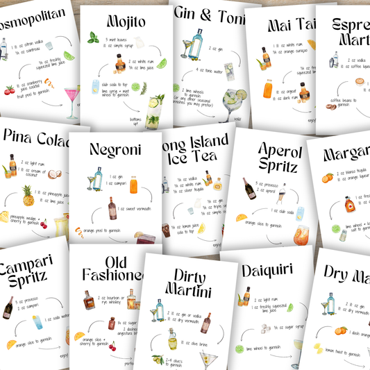 Printable cocktail recipe bundle with modern drink recipe cards, instant digital download
