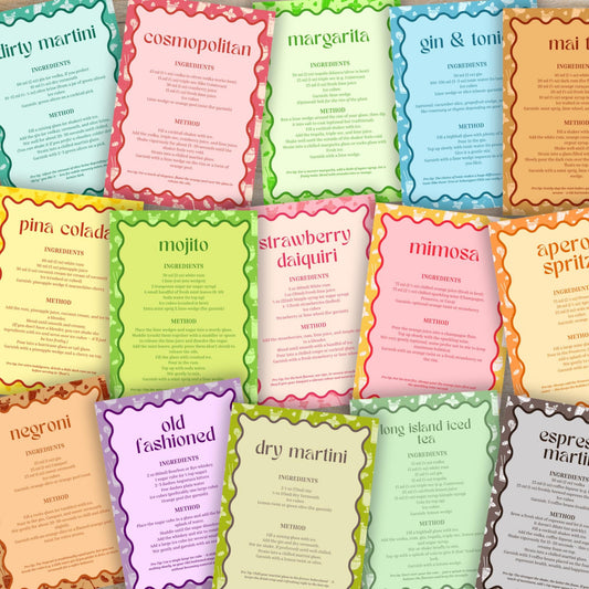 Printable cocktail recipe bundle showing multiple drink recipe card designs